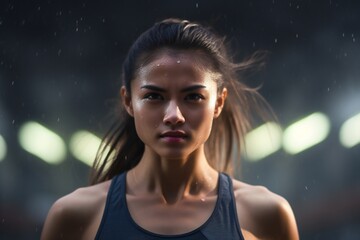a photo of a female asian sprinter athlete on a track sweaty after exercises. blurry stadium background