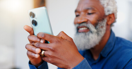 Happy senior black man, phone and typing for communication, social media or networking at home....
