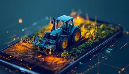 Wandcirkels tuinposter Smartphone farming app with tractor icon, for high-tech field control © Emiliia