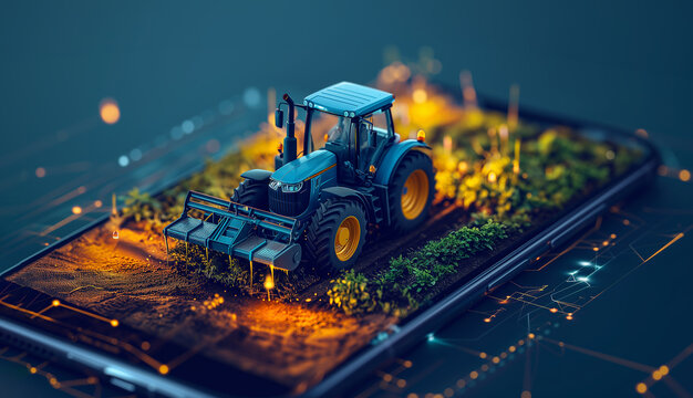Fototapeta Smartphone farming app with tractor icon, for high-tech field control