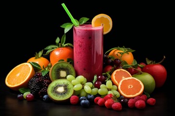 freshly pressed Fruit vegetable juice smoothie with fruits veggie toppings on black background