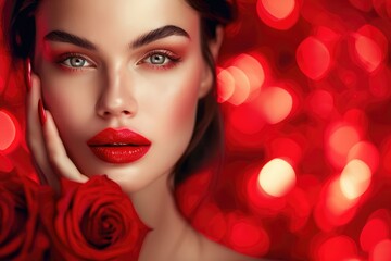 A woman with red makeup holding a rose