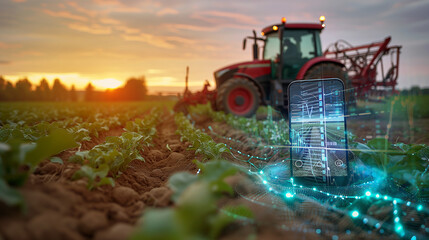 Fototapeta premium Mobile tech in farming: Tractor guided by smartphone application