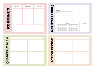 Set of printable vector reflection, habit, intention, routines, quarterly plan, manifestation planner template for journaling