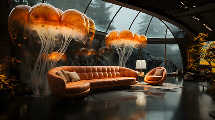 modern living room with big yellow jellyfish