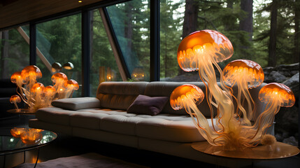 modern living room with yellow jellyfish lamps
