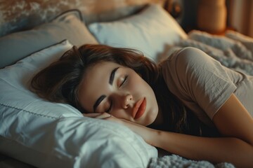 Young attractive woman sleeping in the bedroom, relaxing with eyes closed