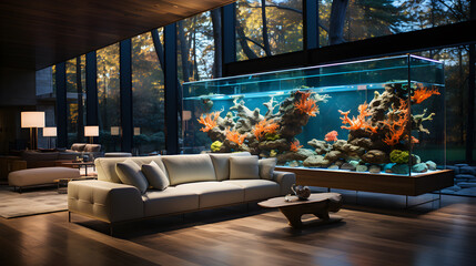 modern living room with big aquarium