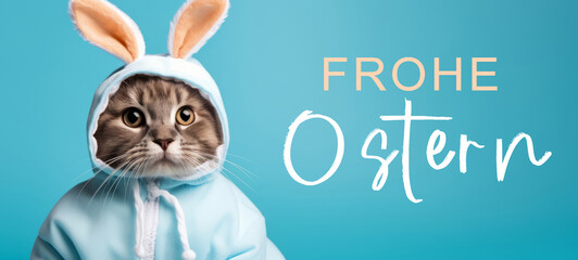 Frohe Ostern Konzept Feiertag Grußkarte - Coole süße Katze, trägt einen Jogginganzug mit Hasenhasenohren, isoliert auf blauem Hintergrund - obrazy, fototapety, plakaty
