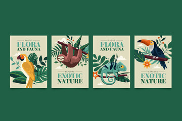 Flat exotic flora and fauna cards collection with wild animals and tropical plants - obrazy, fototapety, plakaty