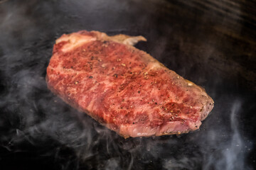 Japanese Wagyu A5 steak grilled on the hot pan