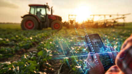 Hand holding smartphone controlling tractor, smart farming concept