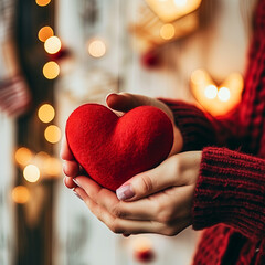 A women holding a soft plush heart. loving hands