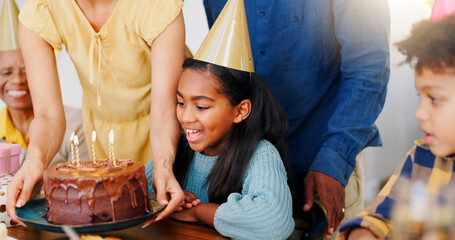Cake, smile and family at birthday party celebration together at modern house with candles and hat....