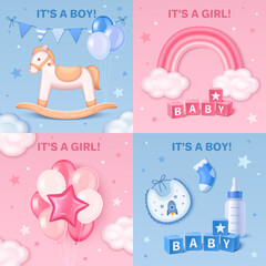 Realistic baby shower illustration collection for boys and girls with decorative elements and baby toys