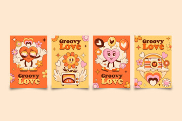 Hand drawn groovy love cards