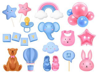 Realistic baby shower elements collections with baby toys and cute animals