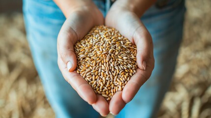 Close up of woman hands holding wheat grains, factory engineer quality control in mill flour.