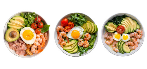 Rich plates of salad from green leaves mix and vegetables with avocado or eggs, chicken and shrimps isolated on transparent background

