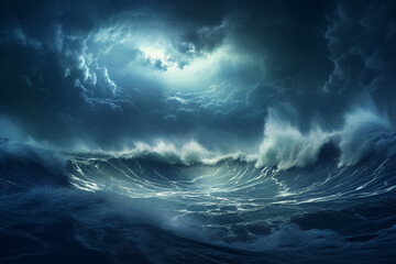 Spectacular background image of stormy ocean with rough and danger wave. Dark sky and cloudy. Digital art 3D illustration - obrazy, fototapety, plakaty