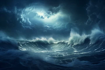 Foto op Canvas Spectacular background image of stormy ocean with rough and danger wave. Dark sky and cloudy. Digital art 3D illustration © Robin