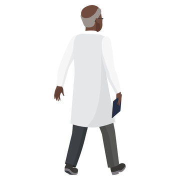 Back view of walking doctor man. Hospital clinical worker in white coat cartoon vector illustration