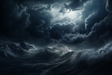 Obraz premium Spectacular background image of stormy ocean with rough and danger wave. Dark sky and cloudy. Digital art 3D illustration