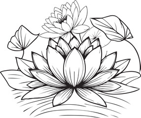 Waterlily flower coloring book hand drawn botanical spring elements bouquet of waterlily line art, coloring page, vector sketch, artistic simplicity doodle art, Easy waterlily flower drawing
