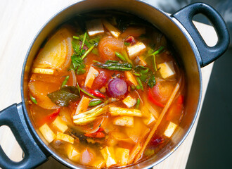 Tom Yum soup is boiling in the pot. Thailand favorite food. sour and spicy soup local food of Thailand