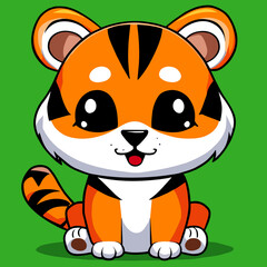 Tiger bengal striped cute little baby with big kind eyes. Illustration in chibi style. Vector.