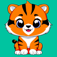 Tiger bengal striped cute little baby with big kind eyes. Illustration in chibi style
