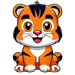 Tiger bengal striped cute little baby with big kind eyes. Illustration in chibi style. Vector isolated.