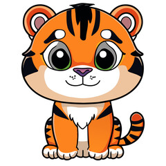 Tiger bengal striped cute little baby with big kind eyes. Illustration in chibi style. Vector isolated.