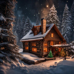 A cozy cabin nestled in a snowy forest, with a warm fire crackling in the fireplace and a beautifully decorated Christmas tree in the corner