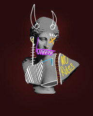 No rules. Freedom. Black and white antique statue bust with colorful doodles over dark red...