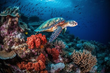 Naklejka na ściany i meble a beautiful sea turtle swimming among colorful fish in a vibrant coral reef, displaying the interconnectedness of marine life. Generative AI