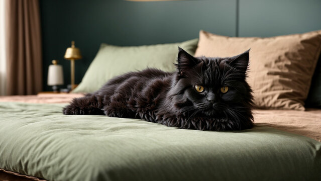 a minimalist composition featuring a Black Persian Cat peacefully asleep on a bed against a solid color background