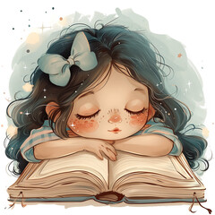 illustration cute girl read a book and fell asleep