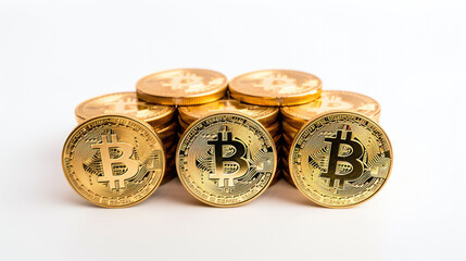 Gold bitcoin coins lying on a white background