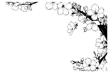 Sakura flower branch border  hand drawn ink sketch. Engraved style vector illustration.