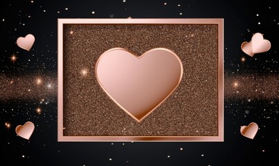 Happy Valentine Day creation Card, Greeting and Wedding card. Golden glitter hearts with frame on black background