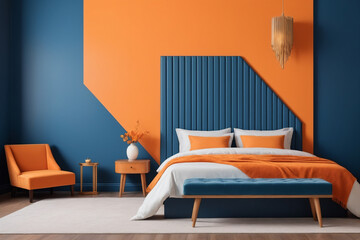 Bed and bench against orange and blue wall with copy space. Art deco interior design of modern bedroom