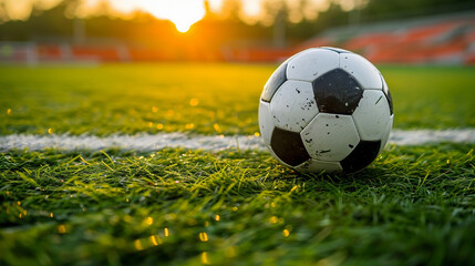 Fototapeta premium Soccer ball on the playing field, beautiful lighting.