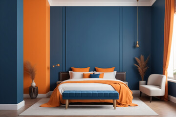 Bed and bench against orange and blue wall with copy space. Art deco interior design of modern bedroom