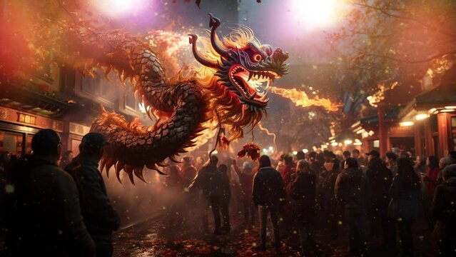 Lunar Celebration: Energetic Dragon Dance in Temple with Red Lanterns