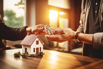 Transación inmobiliaria. Agente inmobiliario entregando las llaves de una casa a su comprador tras firmar el contrato hipotecario.