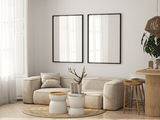 Frame mockup, ISO A paper size. Living room wall poster mockup. Interior mockup with house background. Modern interior design. 3D render
