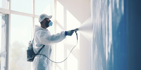 A builder in a protective suit and a respirator spray paints the walls. A male worker paints the walls in a new house with white spray paint. Construction and renovation concept - obrazy, fototapety, plakaty