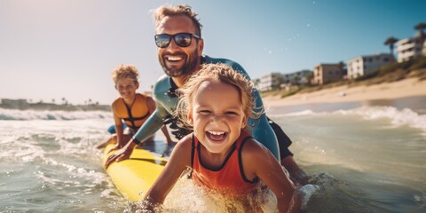 Happy families riding the waves, enjoying collective surfing lessons during a seaside holiday , concept of Community bonding - obrazy, fototapety, plakaty