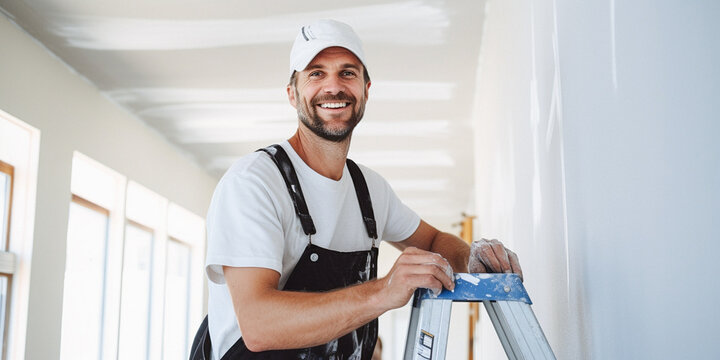 Portrait of a smiling male repairman in a white cap in uniform standing on a stepladder in a house undergoing renovation. Construction and renovation concept